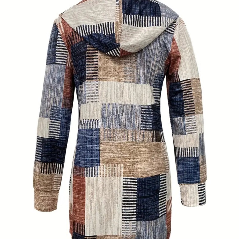 Blue and Brown Patchwork Hoodie Dress - Picture 2 of 2